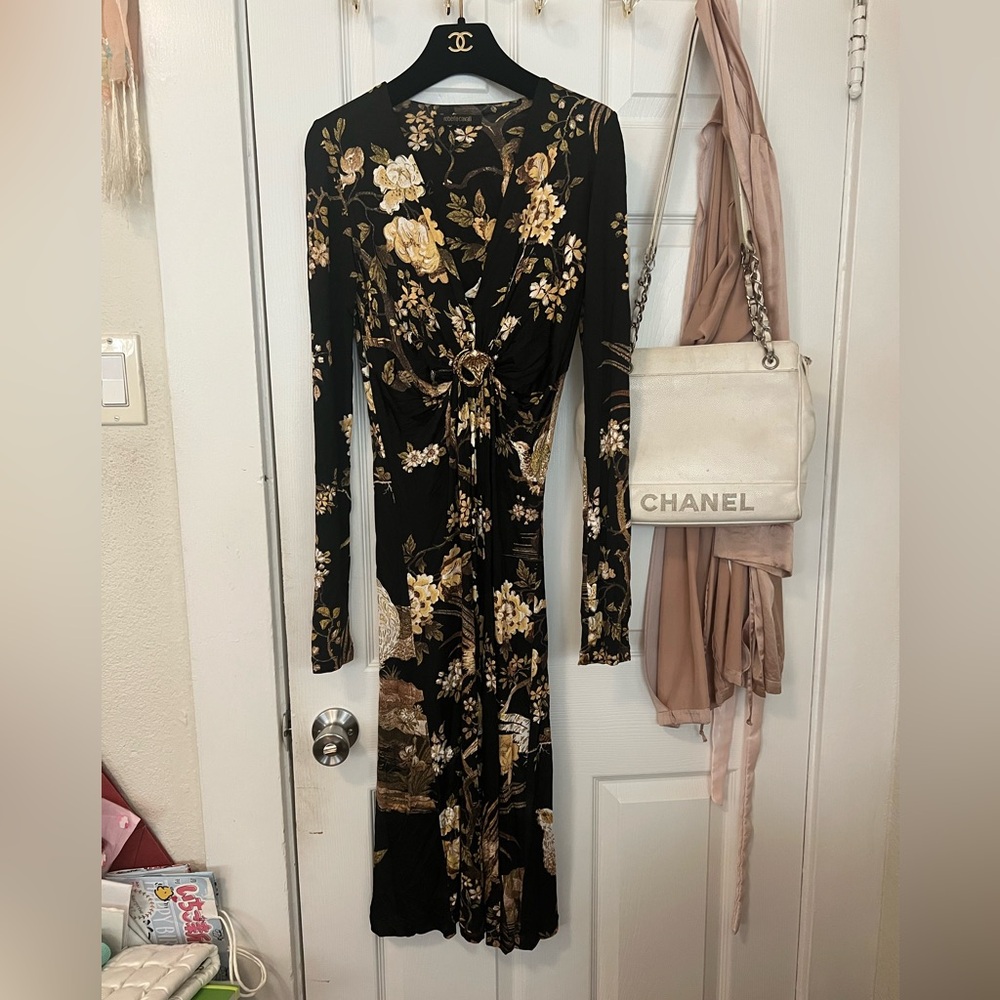Roberto Cavalli F/W 2006 Runway Black & Gold Floral Pheasant Prints Dress
